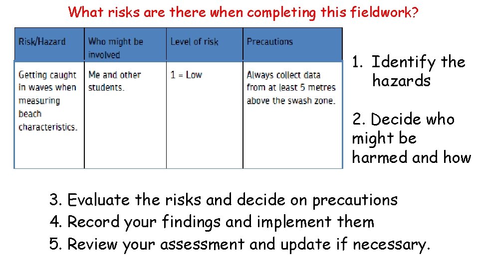 What risks are there when completing this fieldwork? 1. Identify the hazards 2. Decide