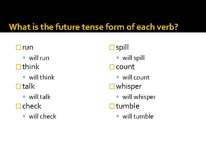 What is the future tense form of each verb? � run will run �