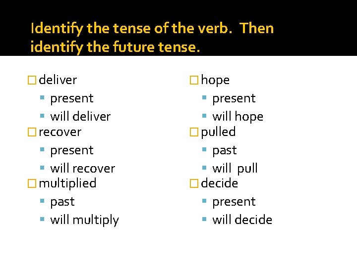 Identify the tense of the verb. Then identify the future tense. � deliver present