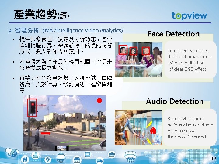 產業趨勢(續) Ø 智慧分析 (IVA /Intelligence Video Analytics) • 提供影像管理、搜尋及分析功能，包含 偵測物體行為、辨識影像中的標的物等 方式，擴大影像內容應用。 • 不僅擴大監控產品的應用範圍，也是未 來產業成長之動能。