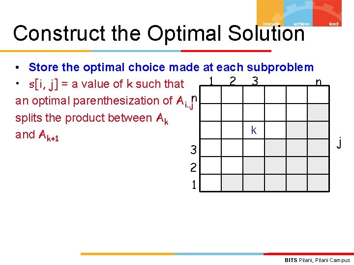 Construct the Optimal Solution • Store the optimal choice made at each subproblem 1