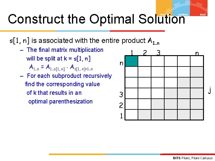 Construct the Optimal Solution s[1, n] is associated with the entire product A 1.