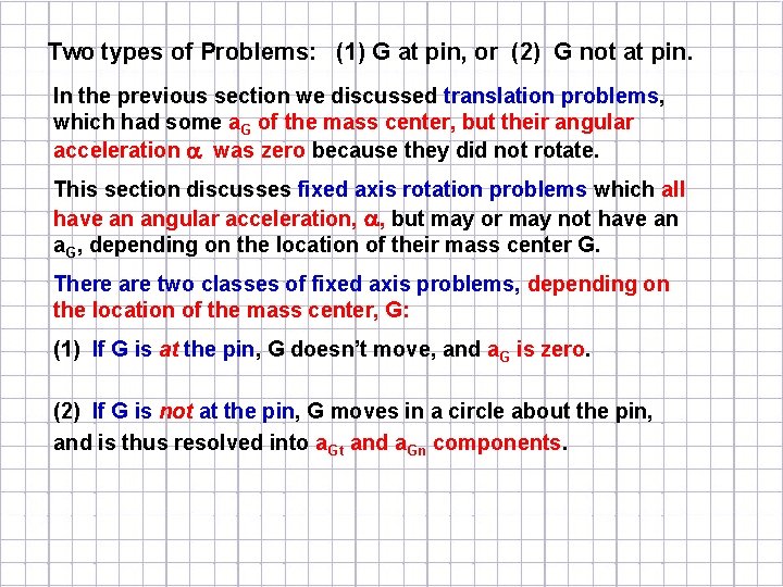 Two types of Problems: (1) G at pin, or (2) G not at pin.