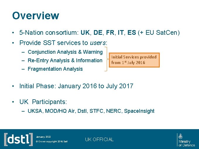 Overview • 5 -Nation consortium: UK, DE, FR, IT, ES (+ EU Sat. Cen)