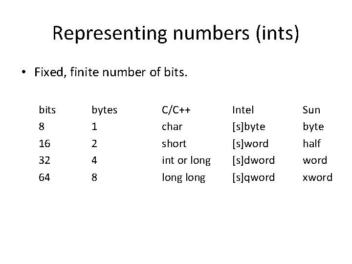 Representing numbers (ints) • Fixed, finite number of bits 8 16 32 64 bytes