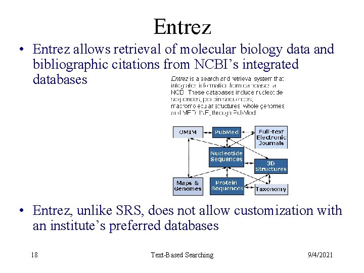 Entrez • Entrez allows retrieval of molecular biology data and bibliographic citations from NCBI’s