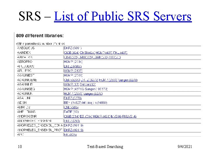 SRS – List of Public SRS Servers 10 Text-Based Searching 9/4/2021 