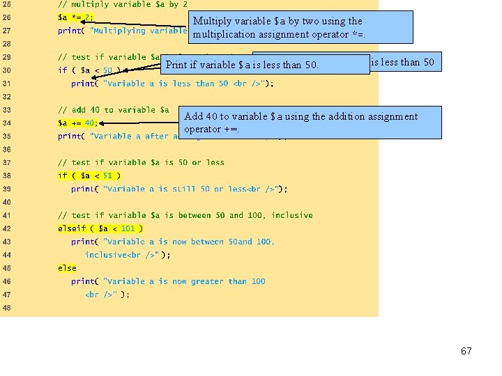 Multiply variable $a by two using the multiplication assignment operator *=. Print if variable