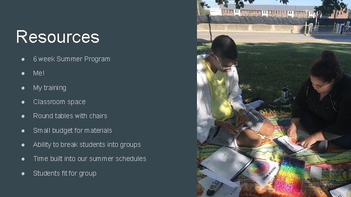 Resources ● 6 week Summer Program ● Me! ● My training ● Classroom space