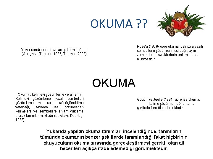 OKUMA ? ? Ross’a (1976) göre okuma, yalnızca yazılı sembollerin çözümlenmesi değil, aynı zamanda