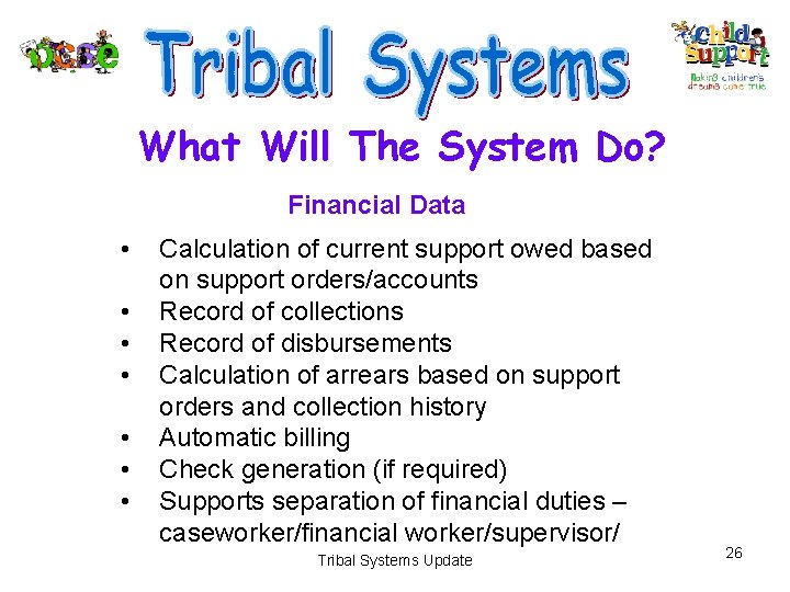 What Will The System Do? Financial Data • • Calculation of current support owed
