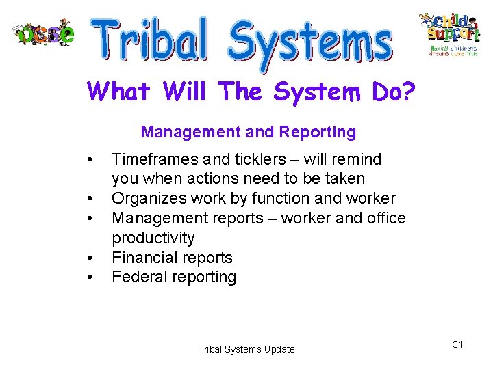 What Will The System Do? Management and Reporting • • • Timeframes and ticklers