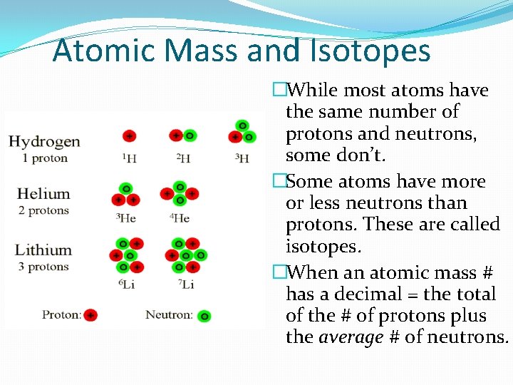 Atomic Mass and Isotopes �While most atoms have the same number of protons and