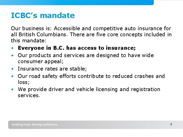 ICBC’s mandate Our business is: Accessible and competitive auto insurance for all British Columbians.