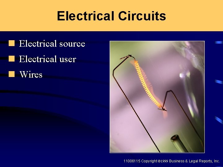 Electrical Circuits n Electrical source n Electrical user n Wires 11006115 Copyright ã 1999