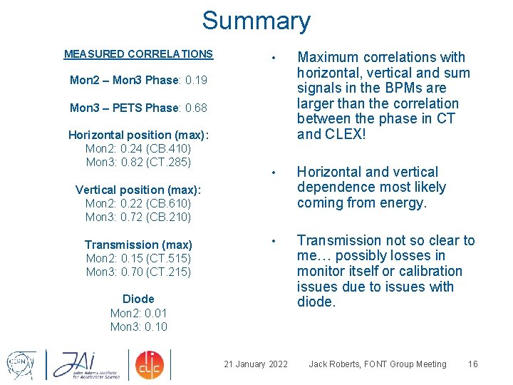 Summary MEASURED CORRELATIONS • Maximum correlations with horizontal, vertical and sum signals in the