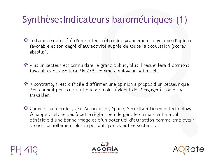 Synthèse: Indicateurs barométriques (1) v Le taux de notoriété d’un secteur détermine grandement le