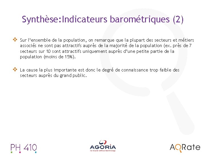 Synthèse: Indicateurs barométriques (2) v Sur l’ensemble de la population, on remarque la plupart