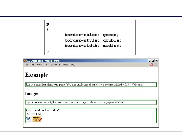 p { border-color: green; border-style: double; border-width: medium; } 