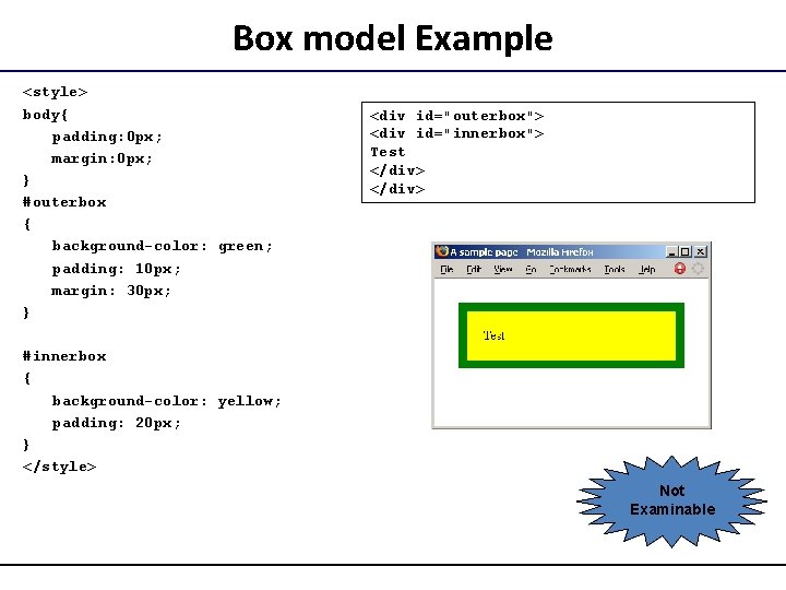 Box model Example <style> body{ padding: 0 px; margin: 0 px; } #outerbox {
