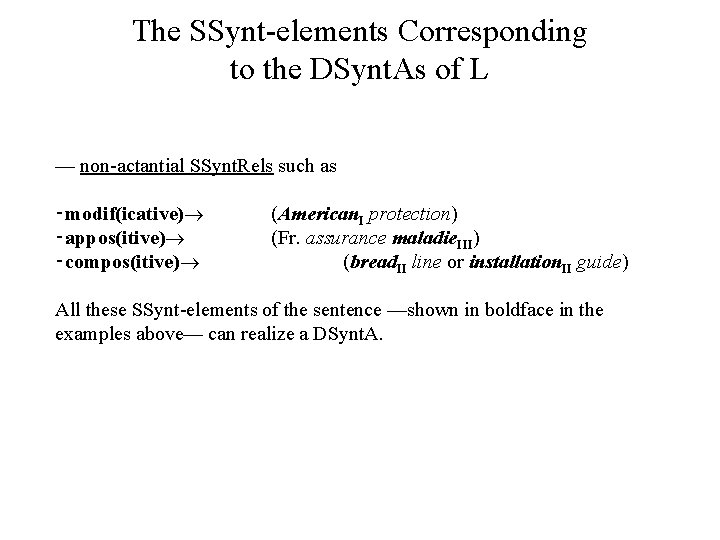 The SSynt elements Corresponding to the DSynt. As of L — non actantial SSynt.