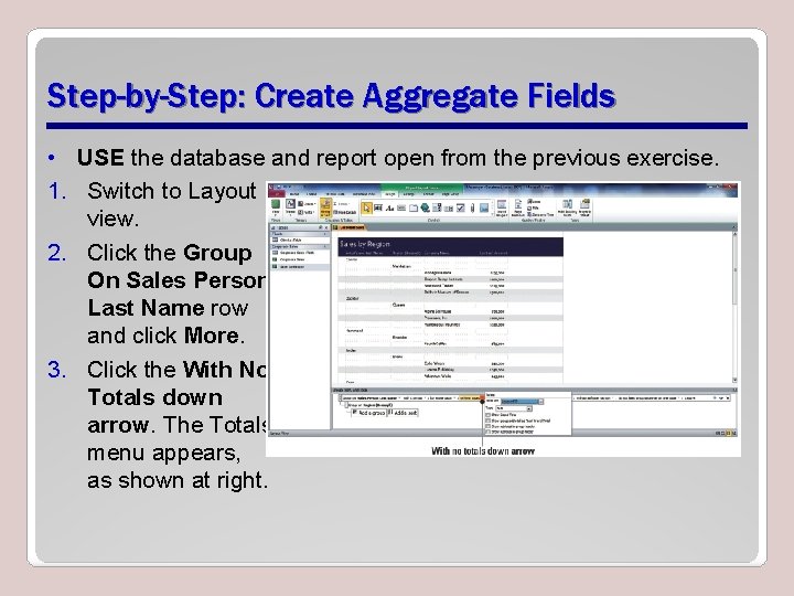 Step-by-Step: Create Aggregate Fields • USE the database and report open from the previous