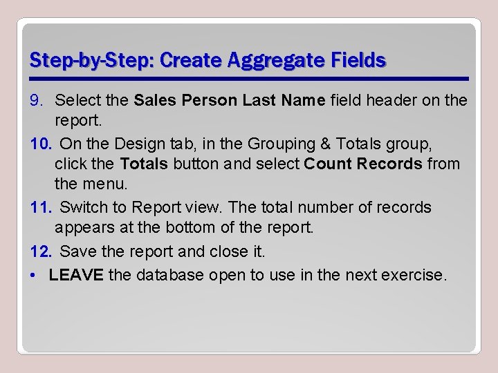Step-by-Step: Create Aggregate Fields 9. Select the Sales Person Last Name field header on