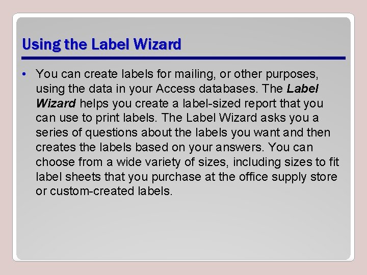 Using the Label Wizard • You can create labels for mailing, or other purposes,