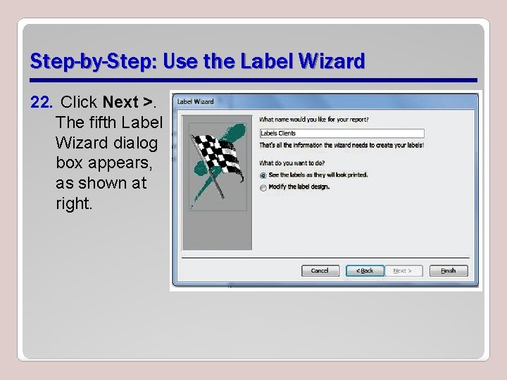 Step-by-Step: Use the Label Wizard 22. Click Next >. The fifth Label Wizard dialog