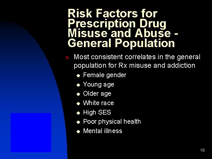 Risk Factors for Prescription Drug Misuse and Abuse General Population n Most consistent correlates