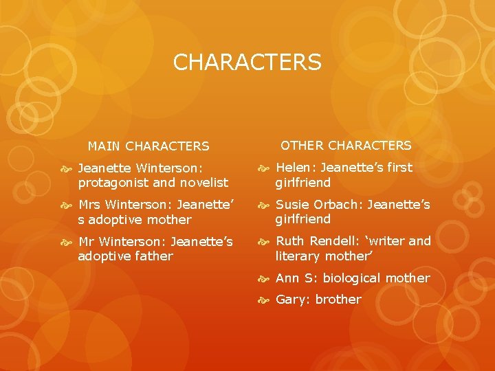 CHARACTERS MAIN CHARACTERS OTHER CHARACTERS Jeanette Winterson: protagonist and novelist Helen: Jeanette’s first girlfriend