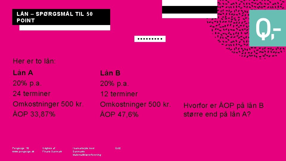 LÅN – SPØRGSMÅL TIL 50 POINT Her er to lån: Lån A 20% p.