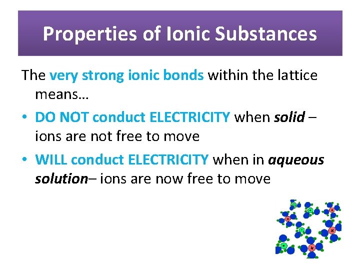 Properties of Ionic Substances The very strong ionic bonds within the lattice means… •