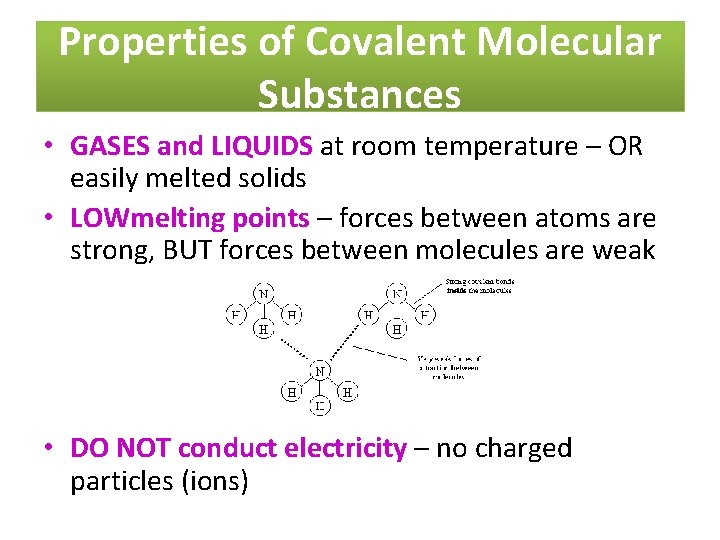 Properties of Covalent Molecular Substances • GASES and LIQUIDS at room temperature – OR
