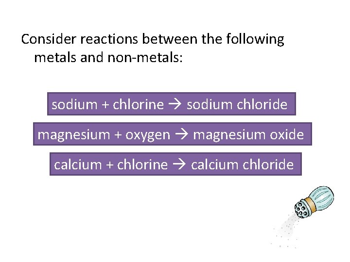 Consider reactions between the following metals and non-metals: sodium + chlorine sodium chloride magnesium
