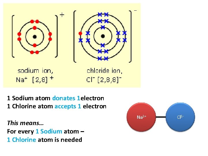 1 Sodium atom donates 1 electron 1 Chlorine atom accepts 1 electron This means…
