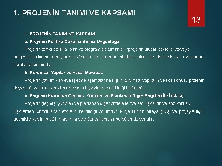 1. PROJENİN TANIMI VE KAPSAMI 13 1. PROJENİN TANIMI VE KAPSAMI a. Projenin Politika