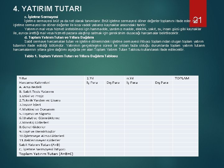 4. YATIRIM TUTARI c. İşletme Sermayesi İşletme sermayesi brüt ya da net olarak tanımlanır.