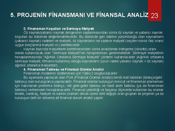 5. PROJENİN FİNANSMANI VE FİNANSAL ANALİZ 23 3. Finansman Koşulları ve Sermaye Maliyeti Öz