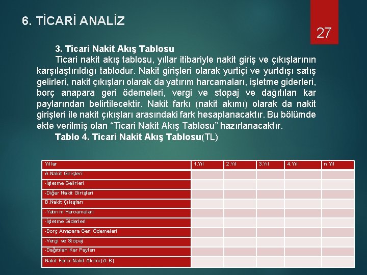 6. TİCARİ ANALİZ 27 3. Ticari Nakit Akış Tablosu Ticari nakit akış tablosu, yıllar