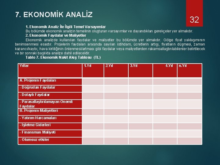 7. EKONOMİK ANALİZ 32 1. Ekonomik Analiz İle İlgili Temel Varsayımlar Bu bölümde ekonomik