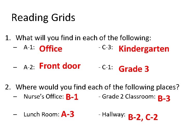 Reading Grids 1. What will you find in each of the following: – A-1: