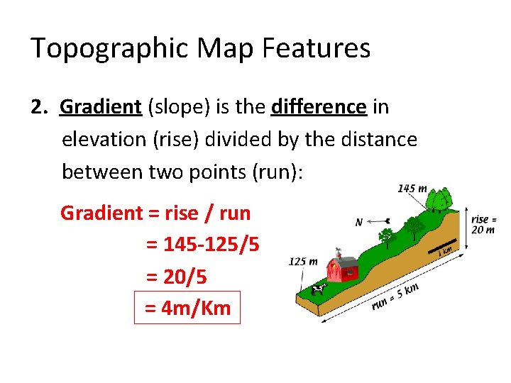 Topographic Map Features 2. Gradient (slope) is the difference in elevation (rise) divided by