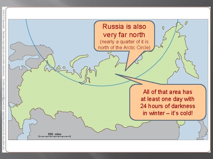 Russia is also very far north (nearly a quarter of it is north of