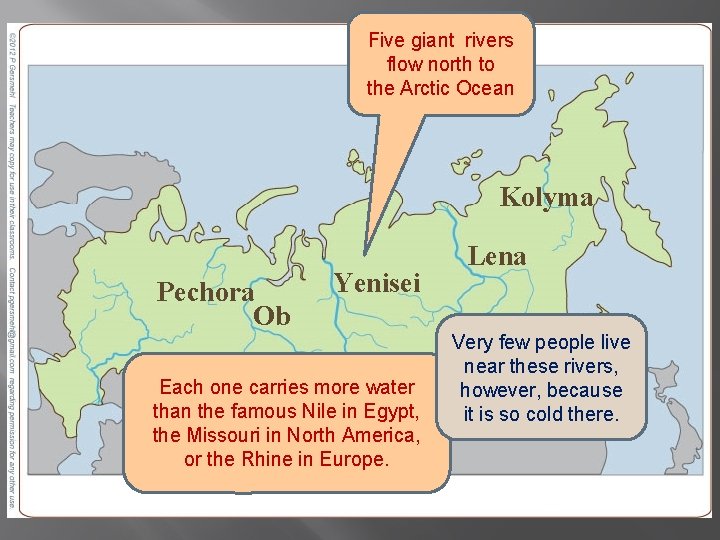 Five giant rivers flow north to the Arctic Ocean Kolyma Pechora Ob Yenisei Each