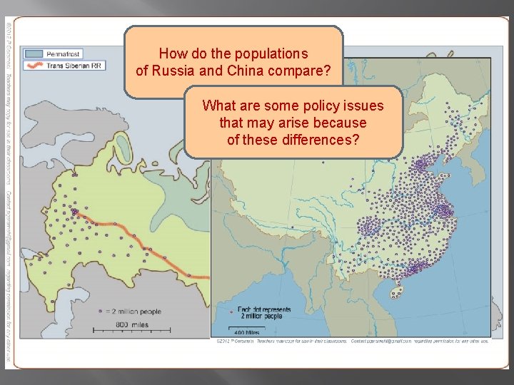 How do the populations of Russia and China compare? What are some policy issues