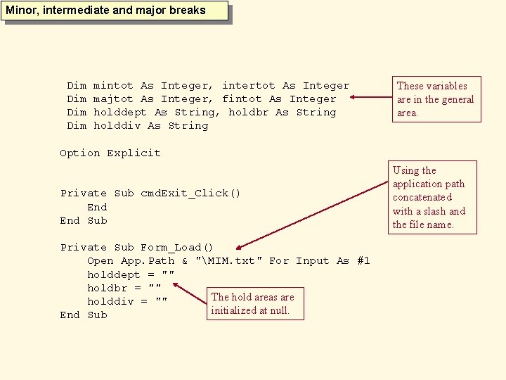 Minor, intermediate and major breaks Dim Dim mintot As Integer, intertot As Integer majtot