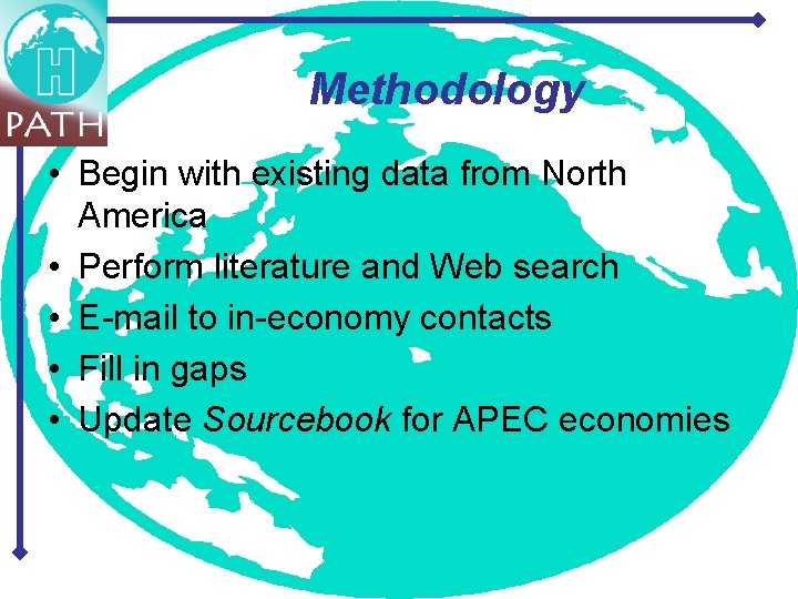 Methodology • Begin with existing data from North America • Perform literature and Web