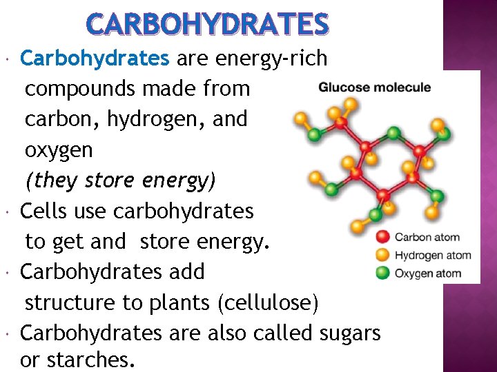 CARBOHYDRATES Carbohydrates are energy-rich compounds made from carbon, hydrogen, and oxygen (they store energy)