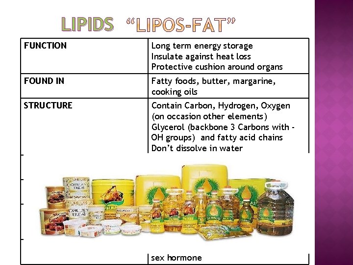 LIPIDS FUNCTION Long term energy storage Insulate against heat loss Protective cushion around organs